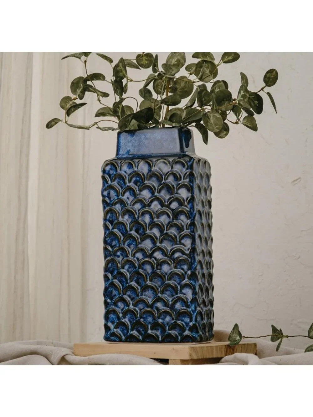 Vintage Blue Ceramic Flower Vase - 12.6